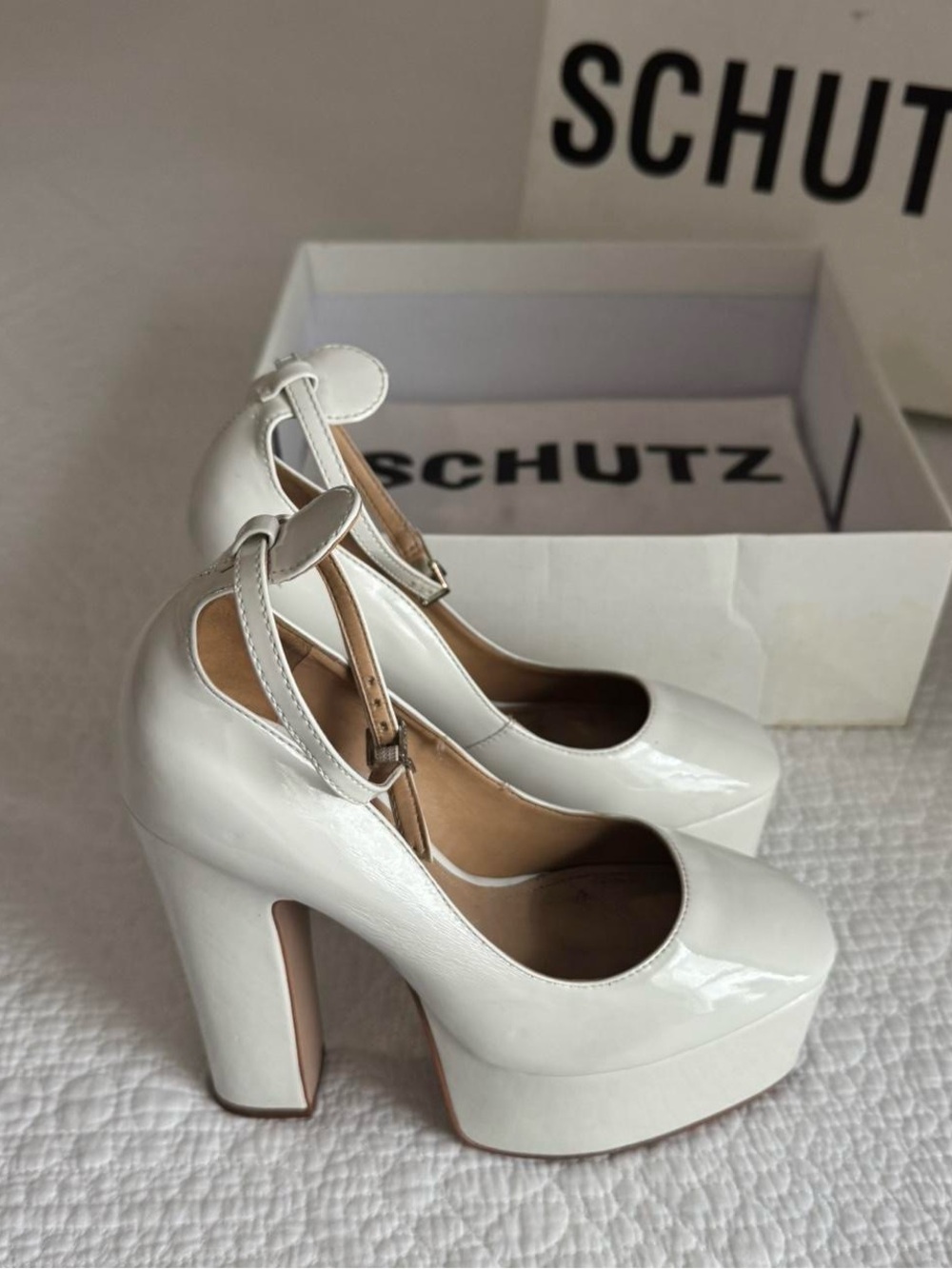 Like new 12th tribe Schutz Renee Patent White Ankle Strap Platform Pump Heels 6